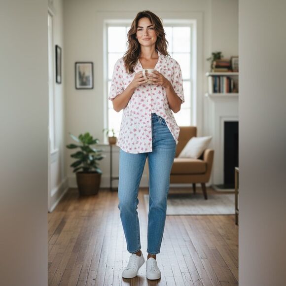 Vintage Women’s White with Pink Palm Tree Print Short Sleeve Button Up Blouse XL - Picture 2 of 4